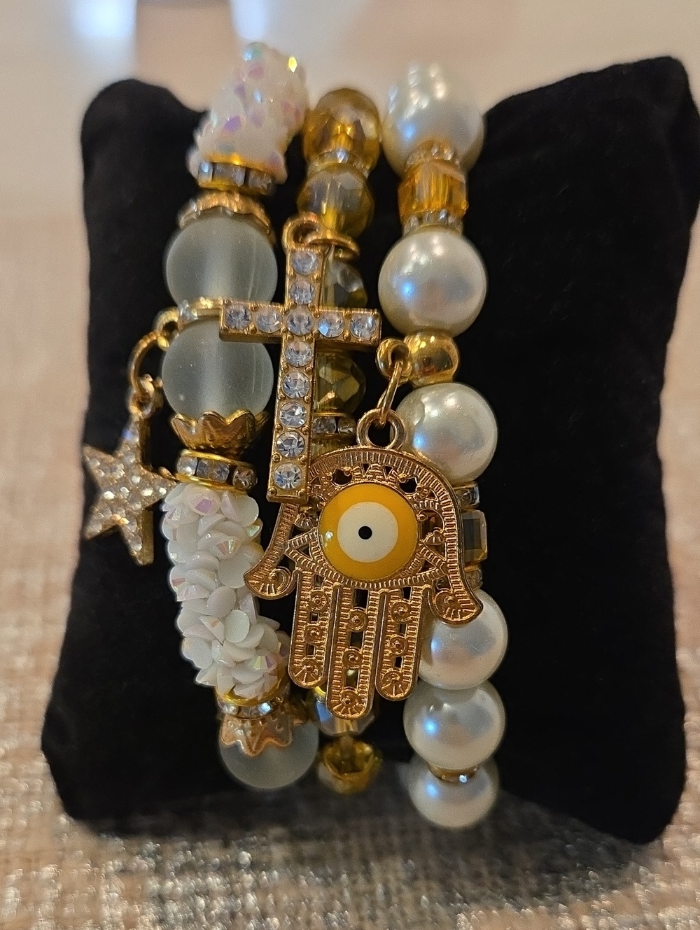 3 Pcs Set Hamsa Charm Citrine Colors & Gold Beaded Bracelet Stack New
